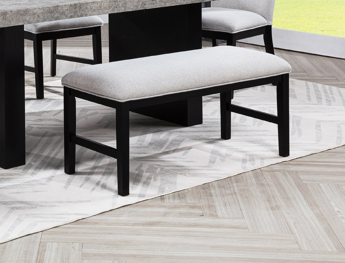 Light Gray Upholstered Dining Room Bench with Wood Fabric Finish