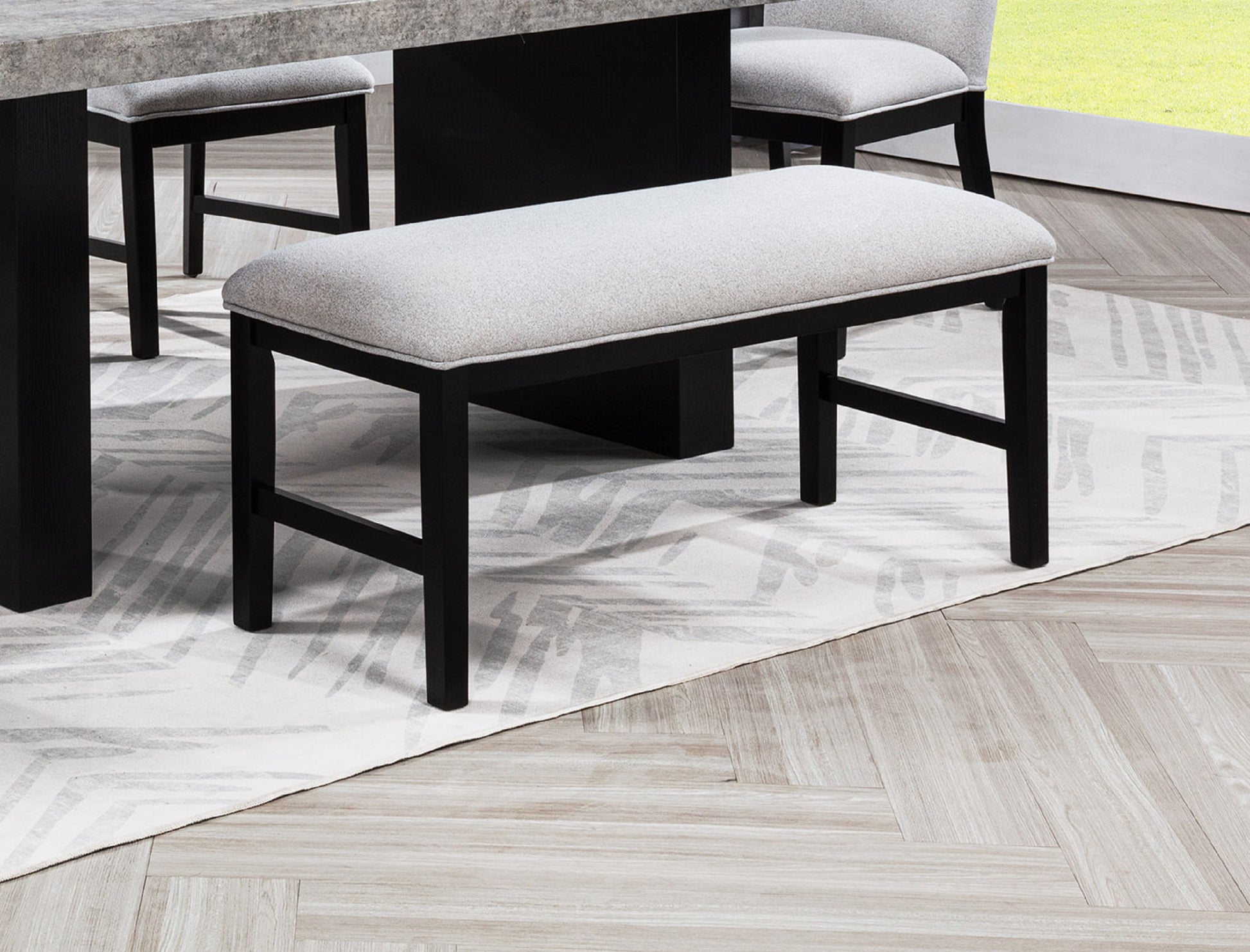 Light Gray Upholstered Dining Room Bench with Wood Fabric Finish