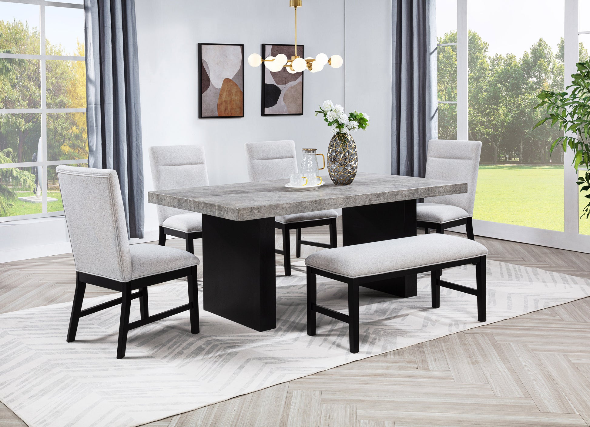 Light Gray Upholstered Dining Room Bench with Wood Fabric Finish