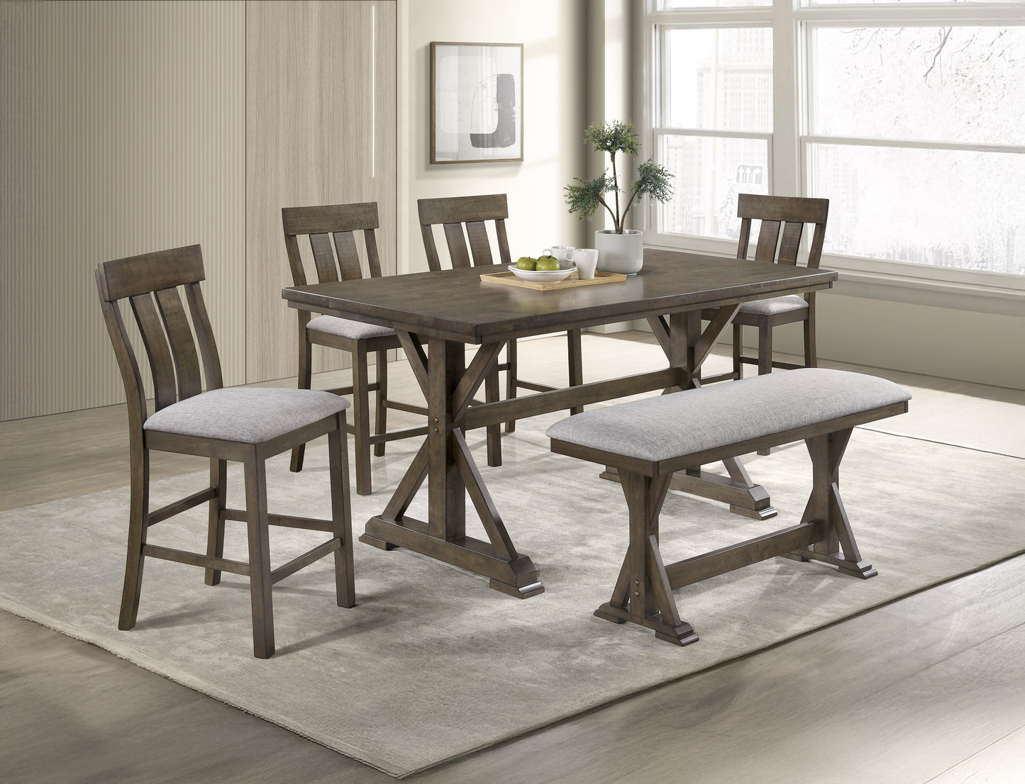 Rustic Brown Upholstered Counter Height Dining Bench for Kitchen