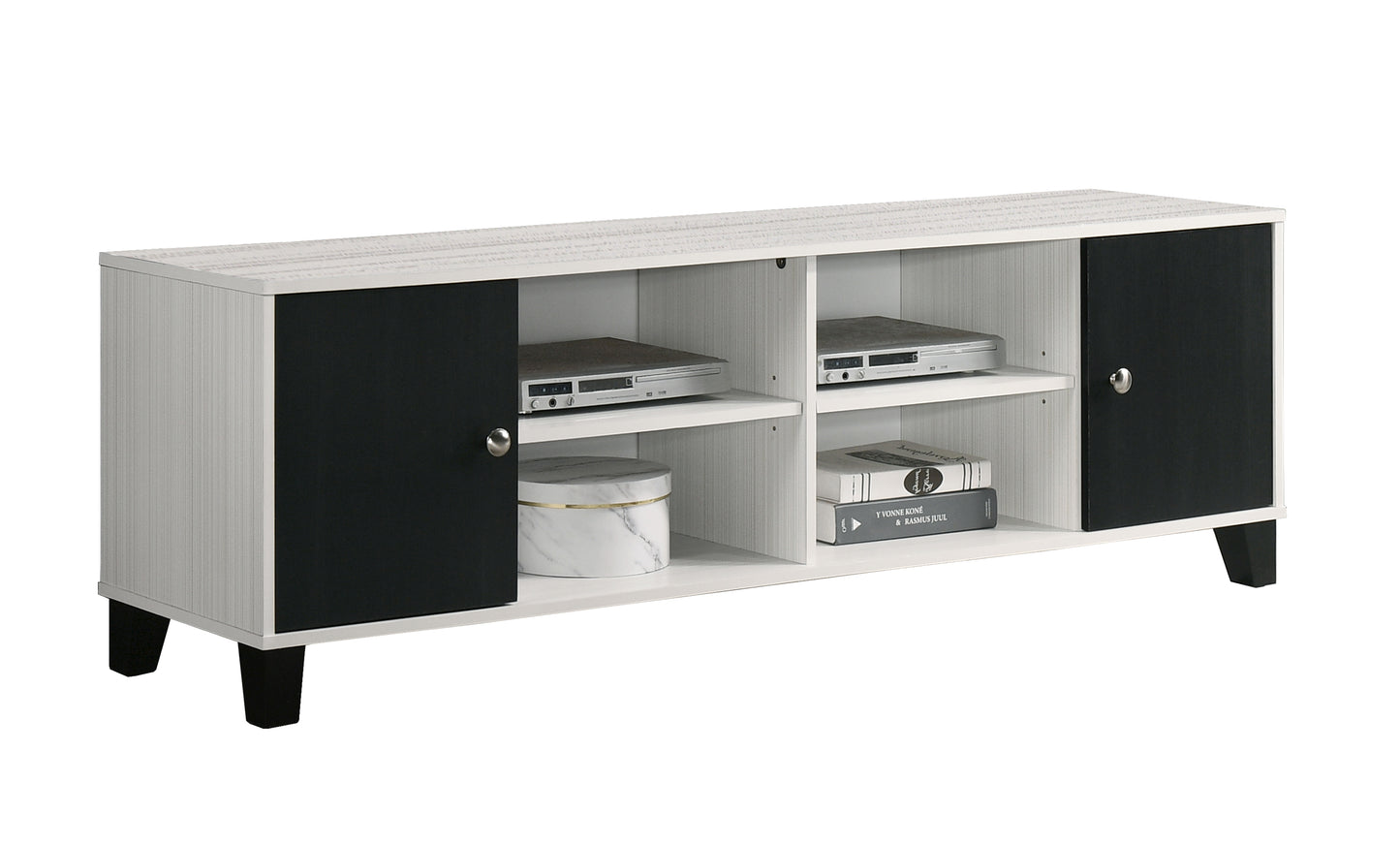 1pc Crisp White Finish Black Accent TV Stand Two-tone Finish Contemporary Open Shelving Concealed Compartments Storage Wooden Living Room Furniture