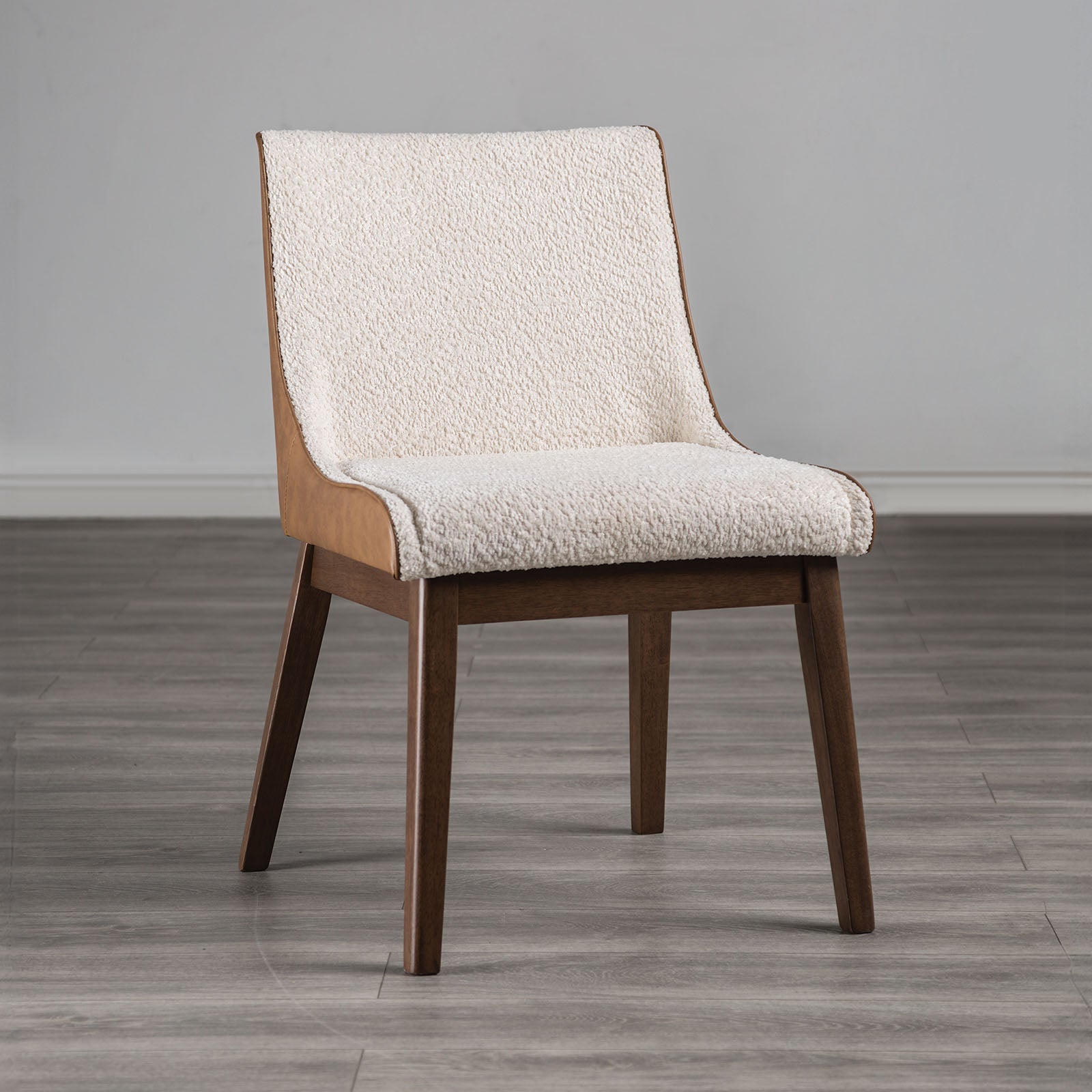 Mid-Century Modern 2pc Side Chair Padded Seat Angled Legs Curved Panel Back Walnut And Beige Finish