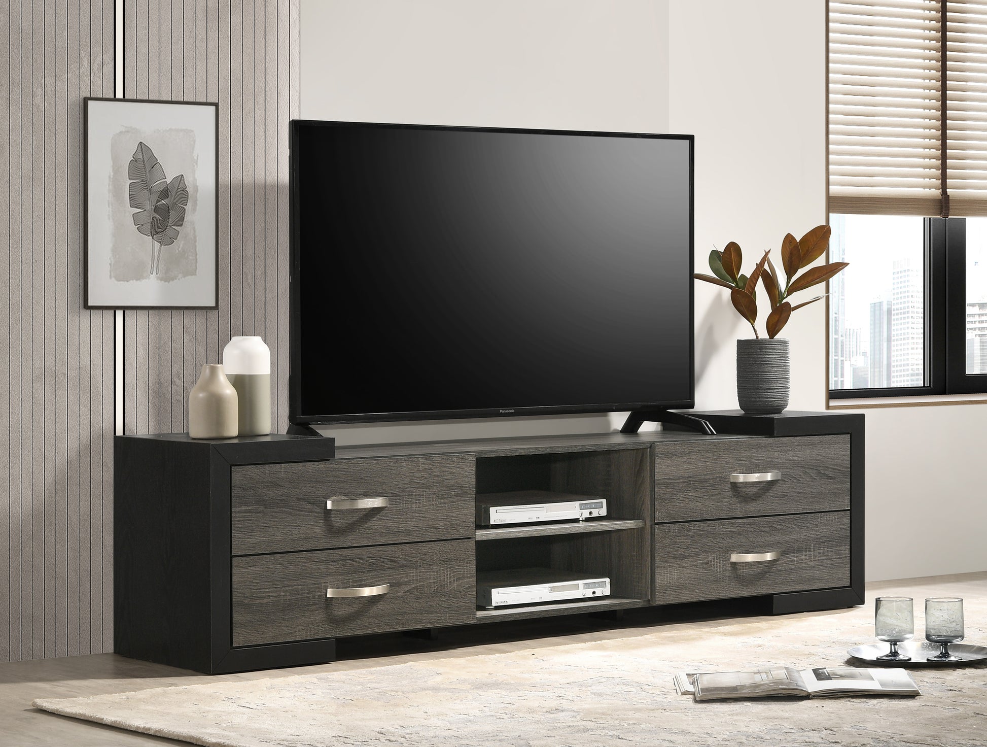 1pc TV Stand Contemporary Open Shelves Brushed Metal Handles Entertainment Console Wooden Living Room Furniture