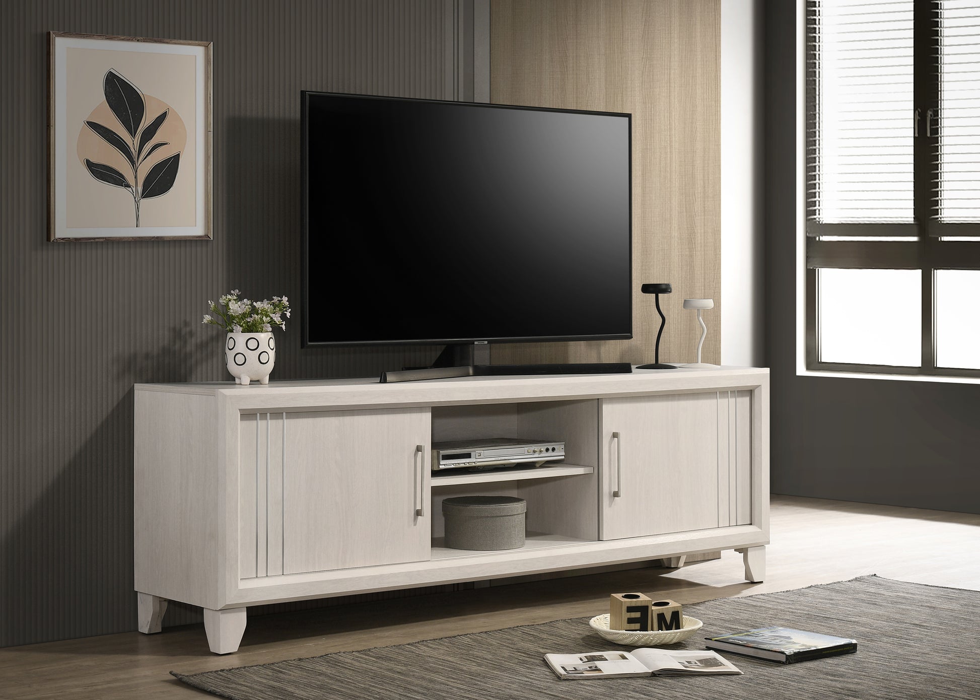 Contemporary 1pc TV Stand Media Console Open Shelves Silver-toned Hardware Entertainment Console Wooden Living Room Furniture Beige Finish