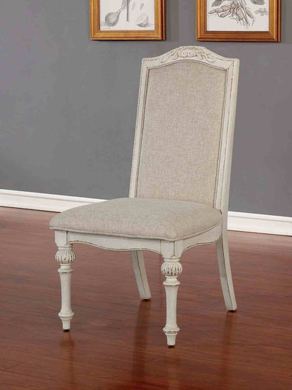 Rustic Style 2pc Side Chair Upholstered Seat Intricate Wood Inlay Detail Antique White Finish Dining Room