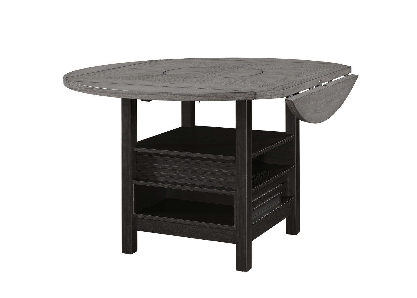 1pc Farmhouse Contemporary Counter Height Table with Storage Single Pedestal Round Black Gray Natural Grain Integrated Turntable Drop Leaves and Built-in Shelving