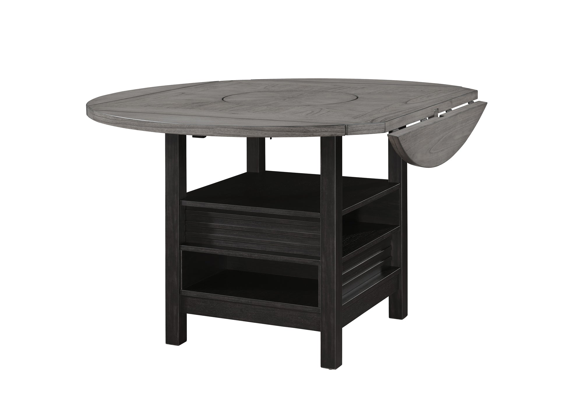 1pc Farmhouse Contemporary Counter Height Table with Storage Single Pedestal Round Black Gray Natural Grain Integrated Turntable Drop Leaves and Built-in Shelving
