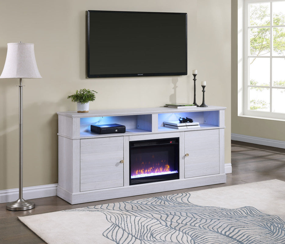 Iris 70"W White Walnut Finish TV Stand Console with Fireplace and Heater