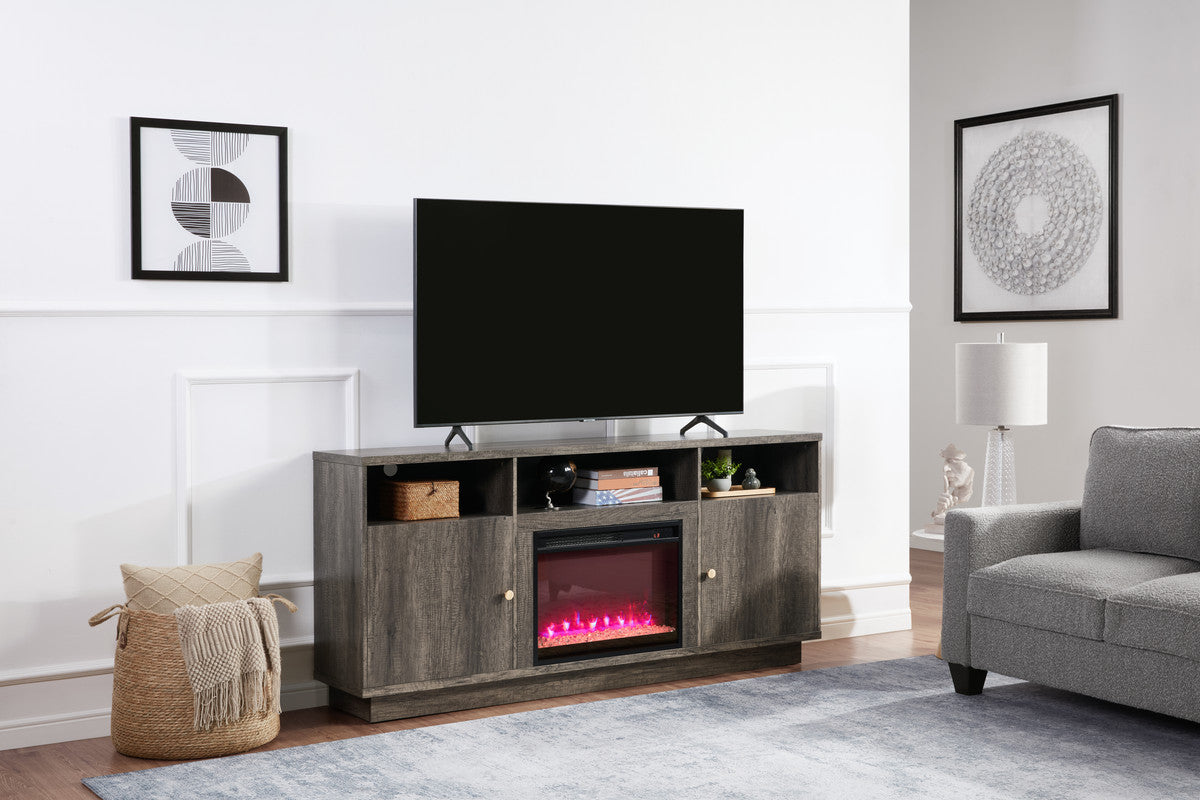 Ambrogio 70"W Gray Walnut Finish Fireplace TV Stand Console with Heater, LED Light, Cabinets, Shelves