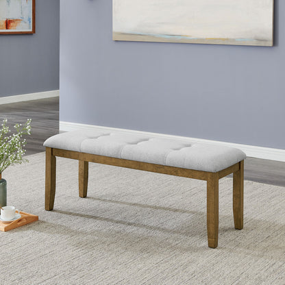 Dafne Walnut Oak Dining Bench in Light Gray Fabric with Tufting