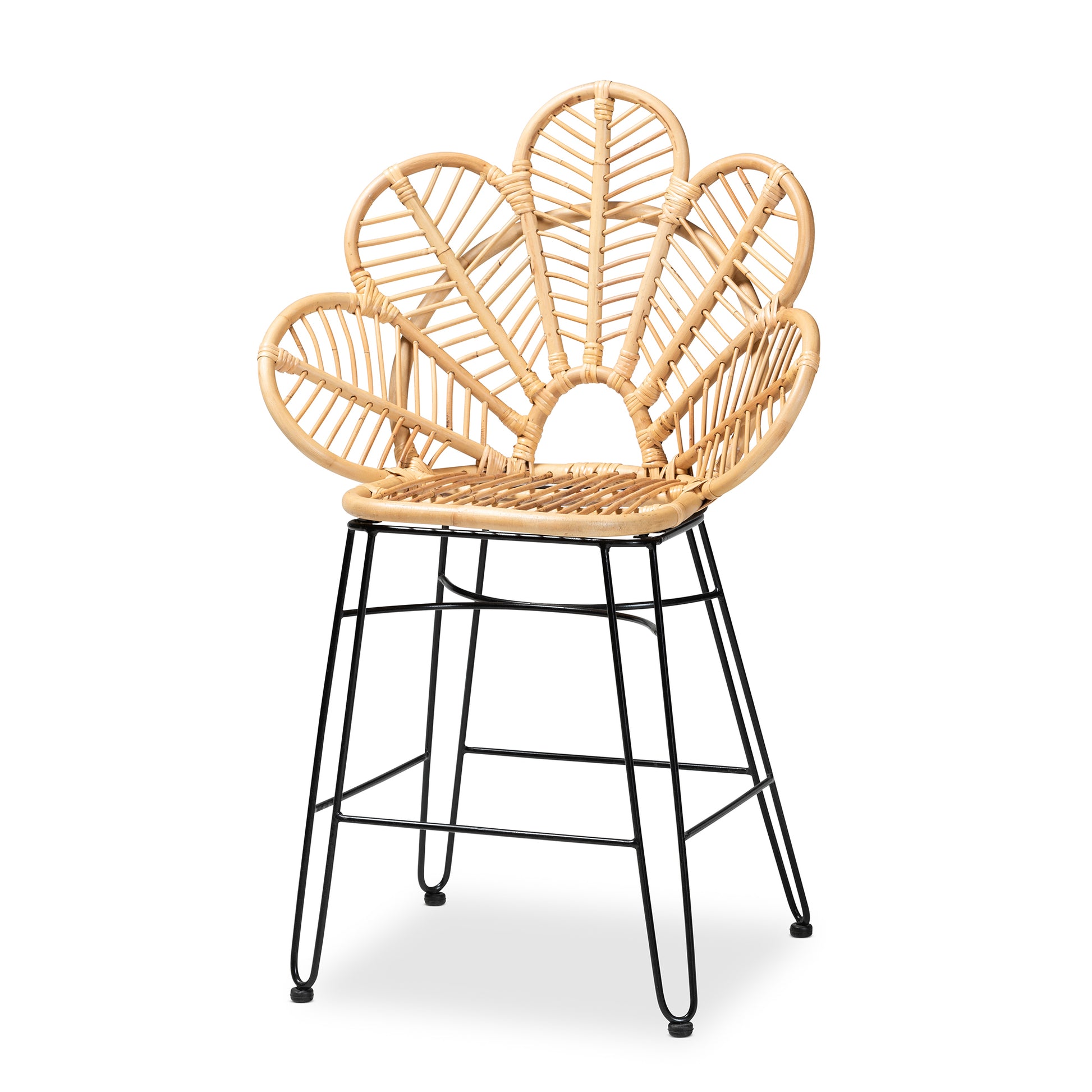 Modern Bohemian Natural Brown Rattan and Black Metal Counter Stool