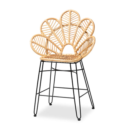 Modern Bohemian Natural Brown Rattan and Black Metal Counter Stool