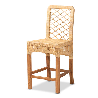 Modern Bohemian Natural Brown Rattan and Walnut Brown Mahogany Wood Counter Stool
