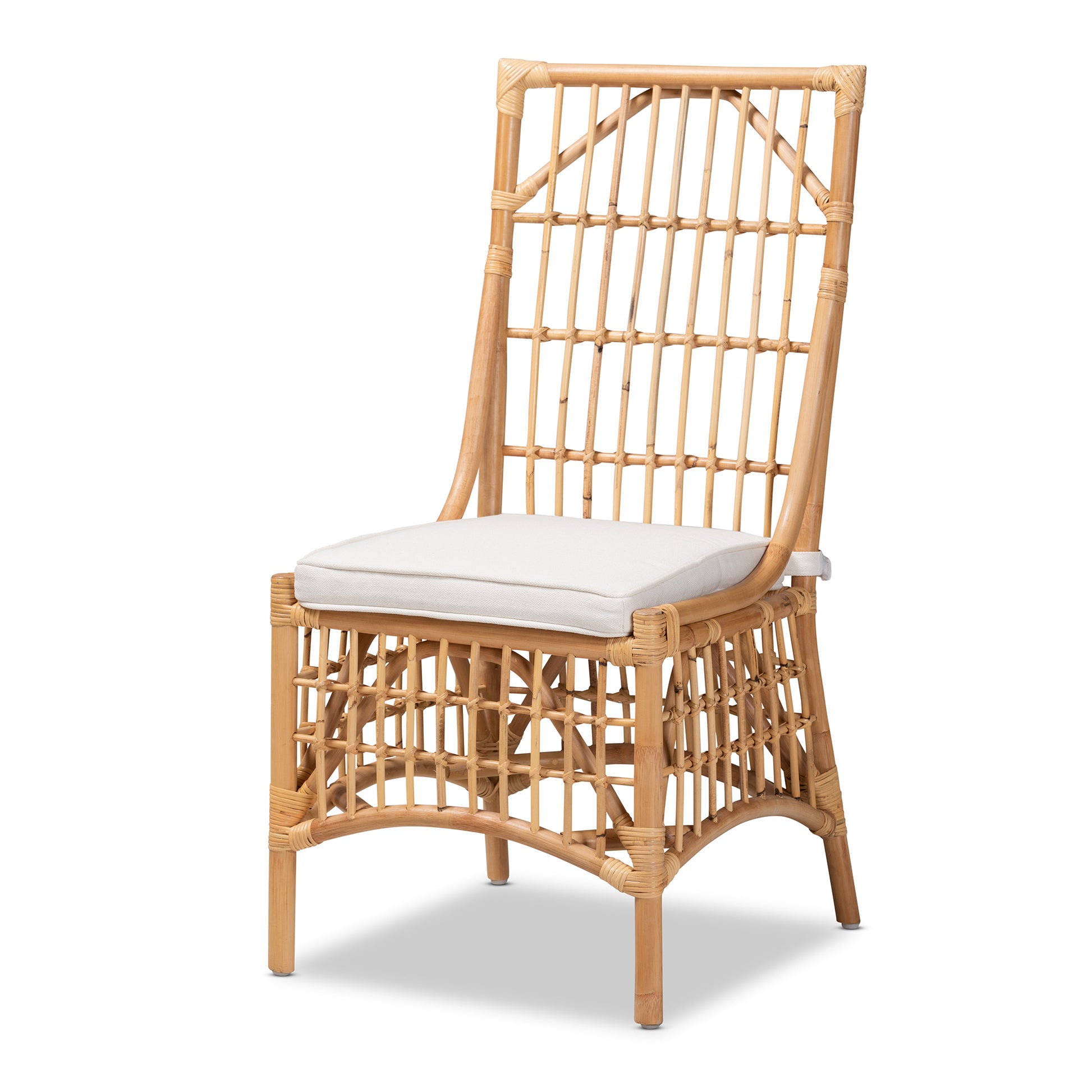Modern Bohemian White Fabric Upholstered and Natural Brown Rattan Dining Chair