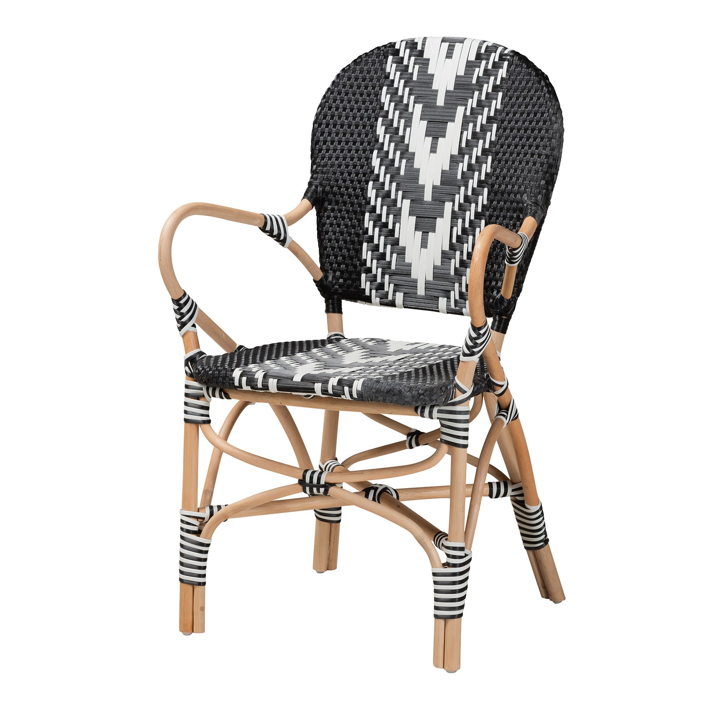 Modern French Two-Tone Black and White Weaving and Natural Rattan Indoor Dining Chair