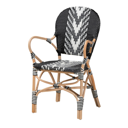 Modern French Two-Tone Black and White Weaving and Natural Rattan Indoor Dining Chair