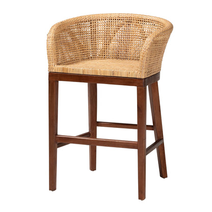 Modern Bohemian Natural Rattan and Walnut Brown Acacia Wood Counter Stool