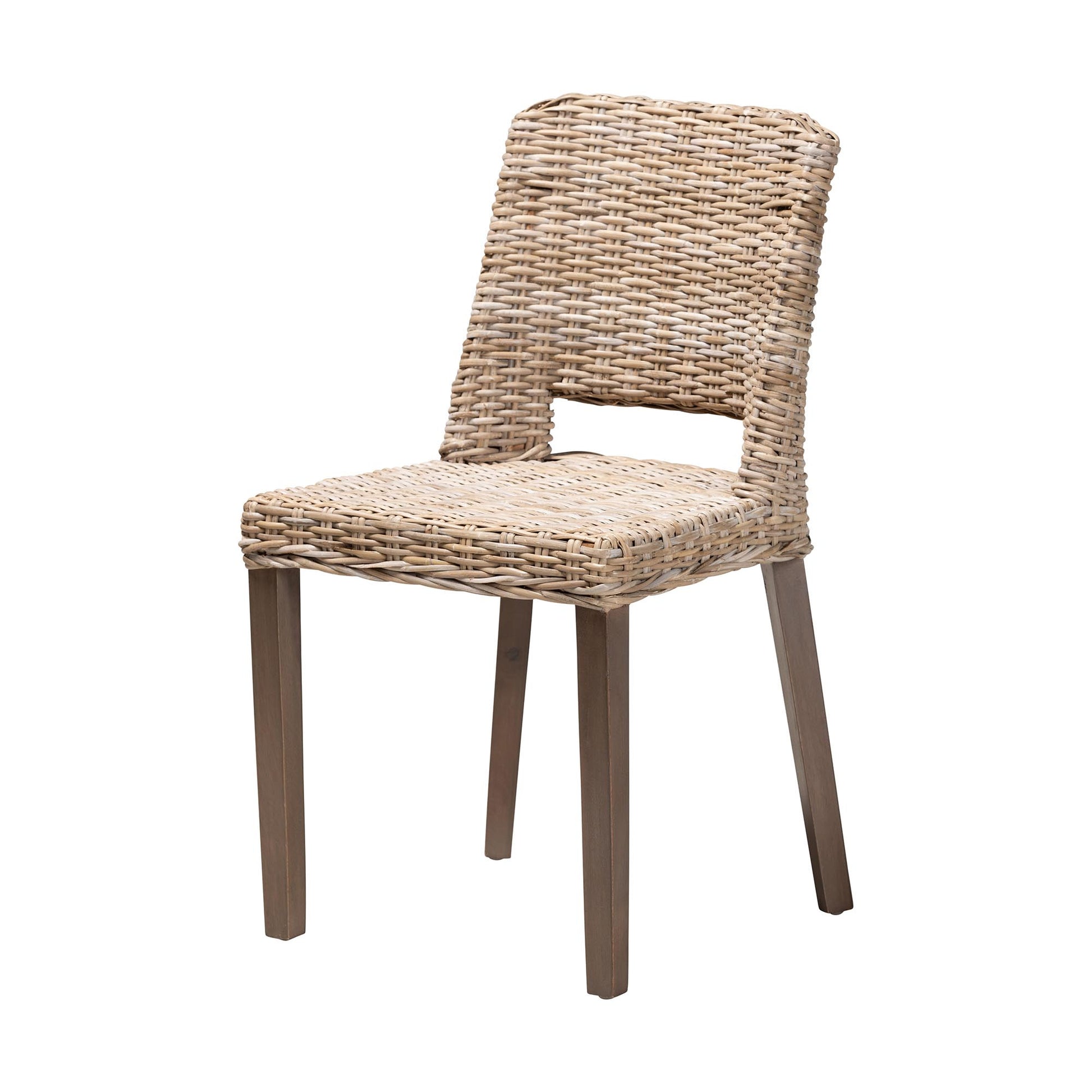 Modern Bohemian Grey Rattan and Natural Brown Finished Wood Dining Chair
