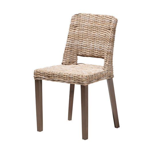 Modern Bohemian Grey Rattan and Natural Brown Finished Wood Dining Chair
