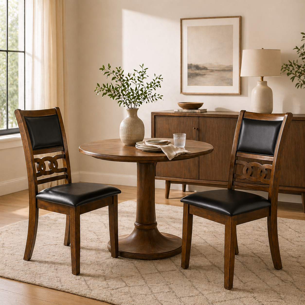 Black & Walnut Dining Chairs - Set of 2 Faux Leather Seats for Dining Room