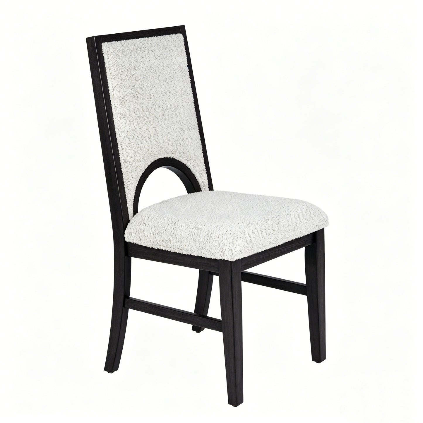 Set of 2 Modern Dining Chairs Upholstered Seat and Back Black Wood Frame White Fabric Arched Back Kitchen Chairs