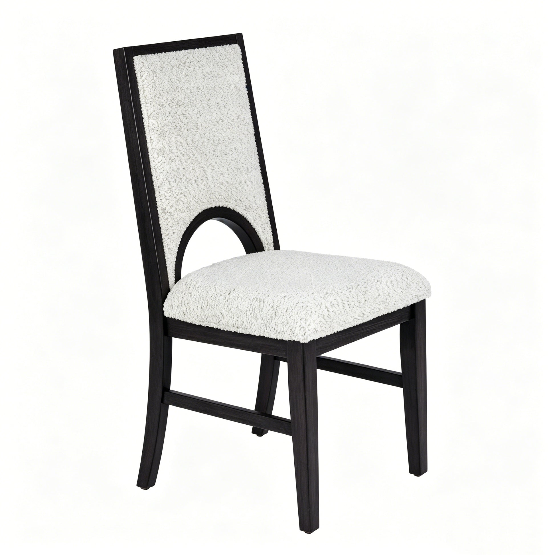 Set of 2 Modern Dining Chairs Upholstered Seat and Back Black Wood Frame White Fabric Arched Back Kitchen Chairs