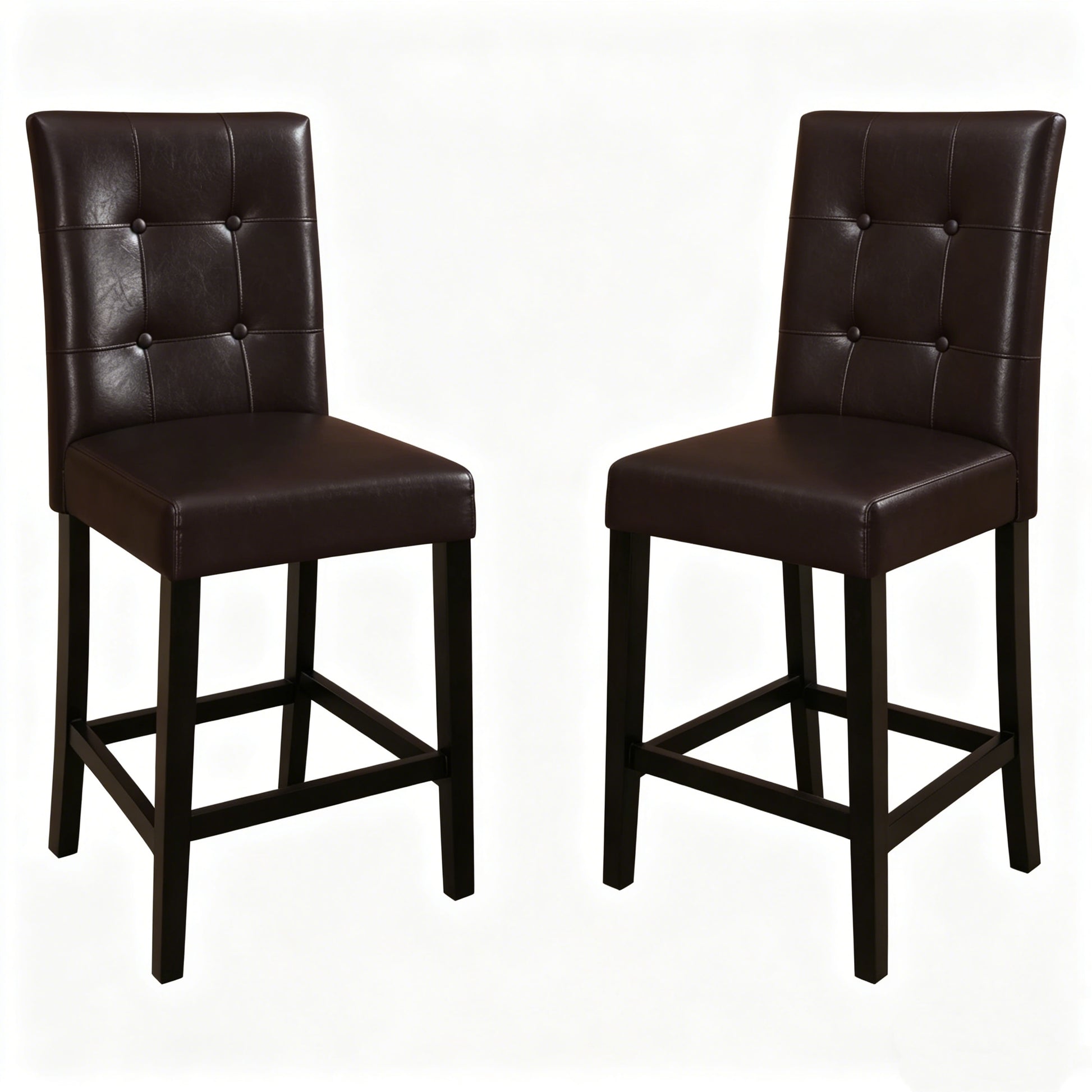 Dining Room Dark Brown Faux Leather Bar Stools - Set of 2, Counter Height Dining