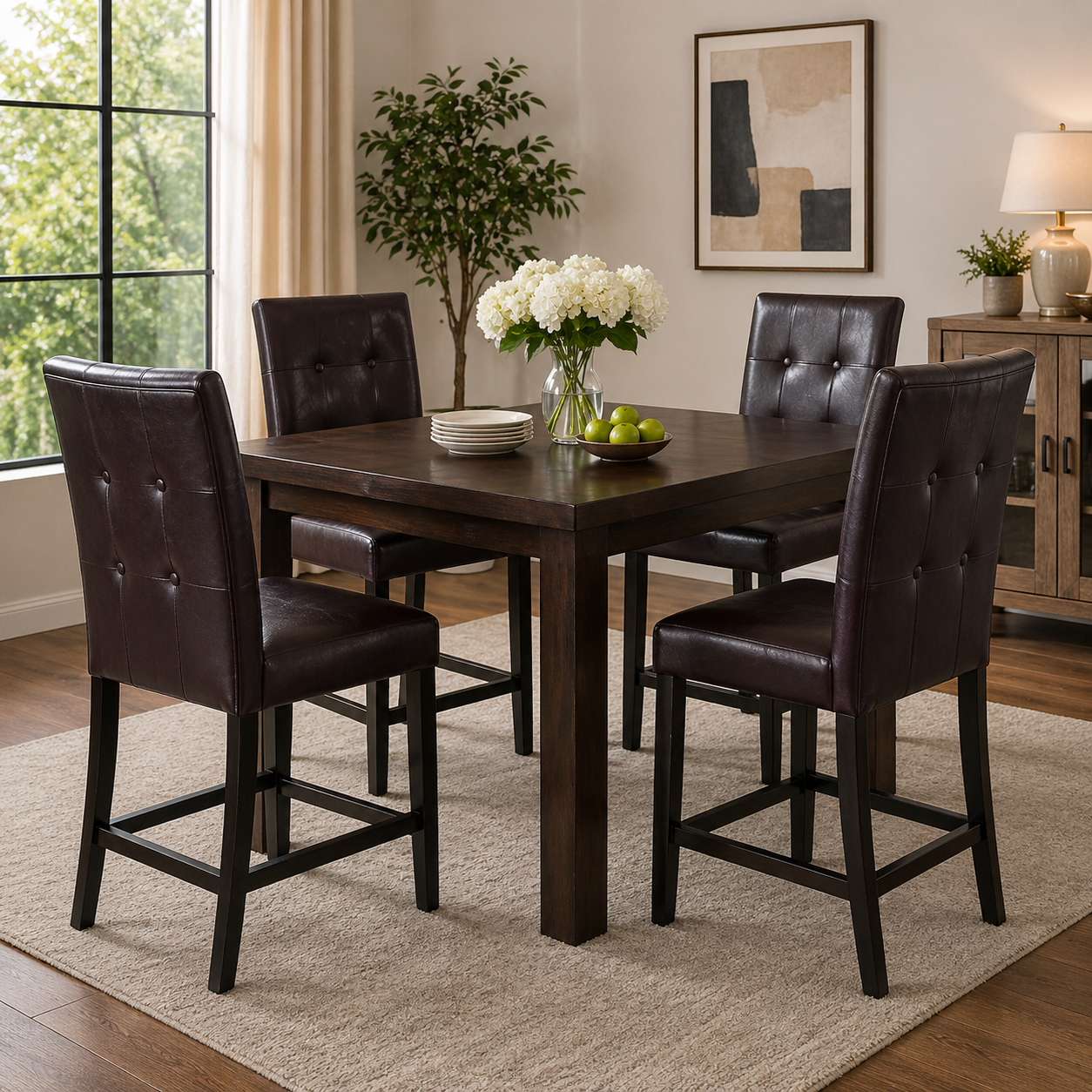 Dining Room Dark Brown Faux Leather Bar Stools - Set of 2, Counter Height Dining