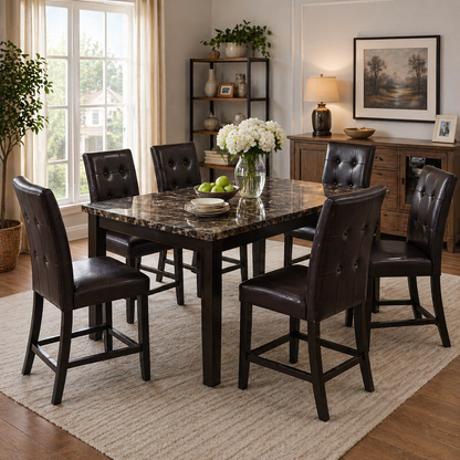 Dining Room Dark Brown Faux Leather Bar Stools - Set of 2, Counter Height Dining