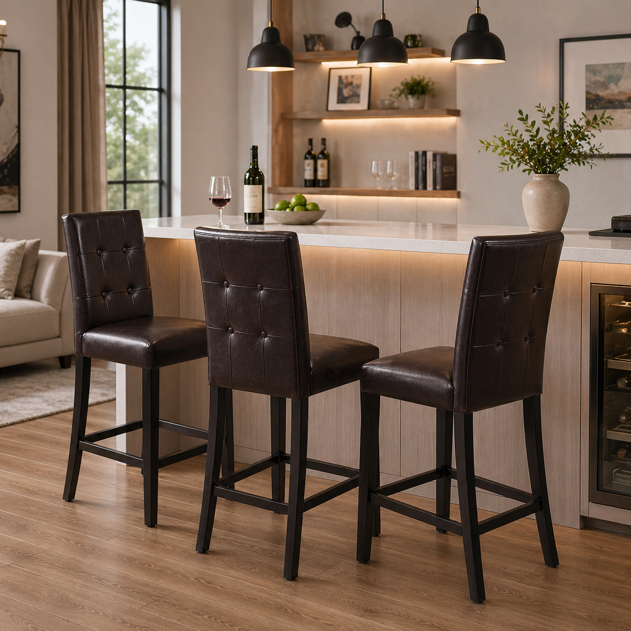 Dining Room Dark Brown Faux Leather Bar Stools - Set of 2, Counter Height Dining