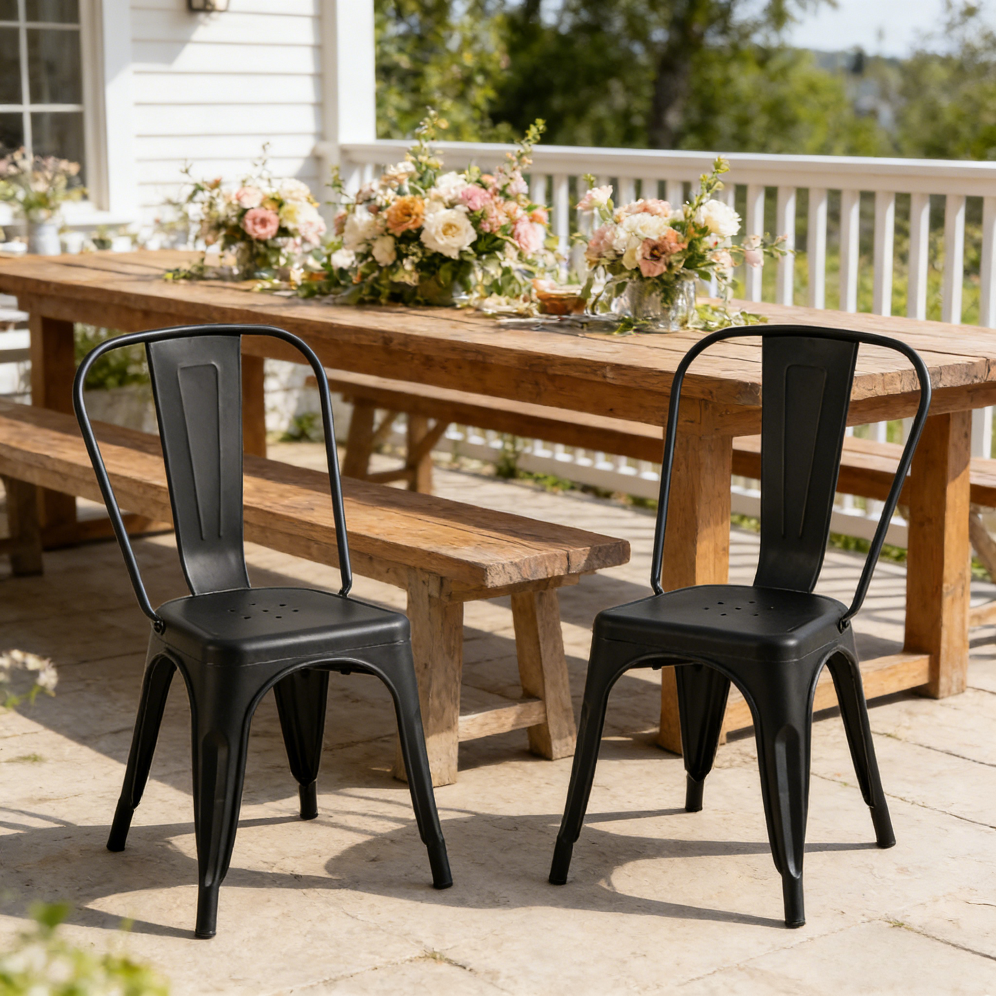 Set of 2 Matte Black Dining Chairs - Metal Bar Stools