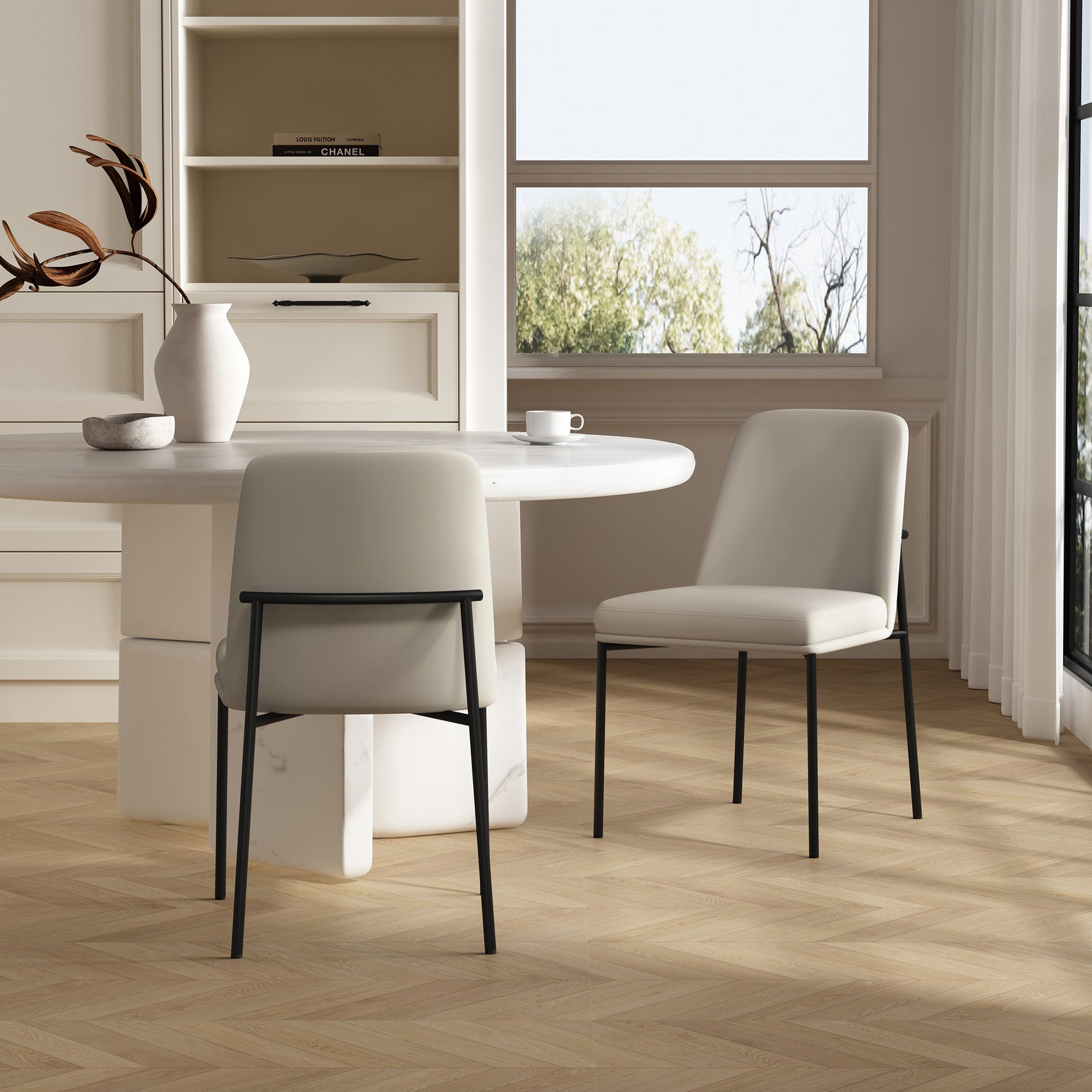 Stone Gray Metal Dining Chairs Set of 2 with Vegan Leather for Dining Room