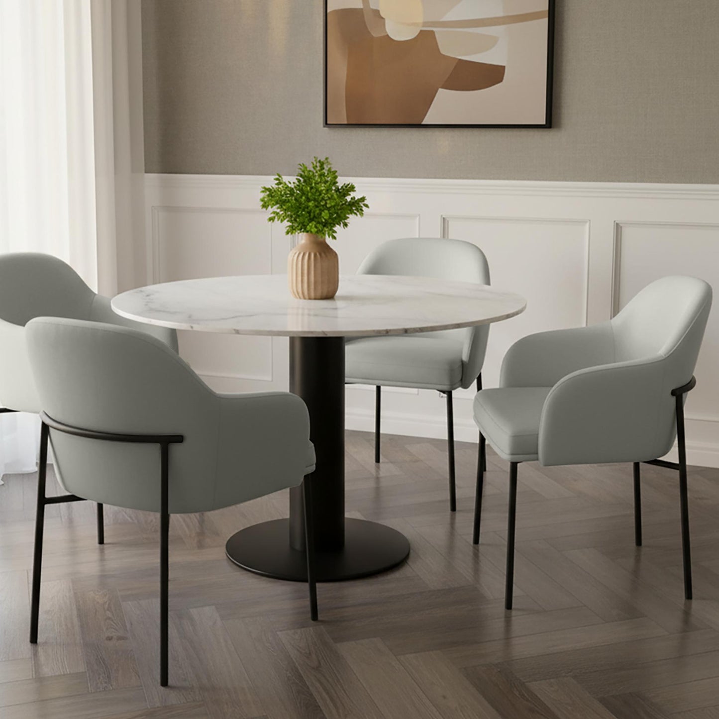 Modern Stone Gray Metal Dining Chairs Set | Vegan Leather Seating