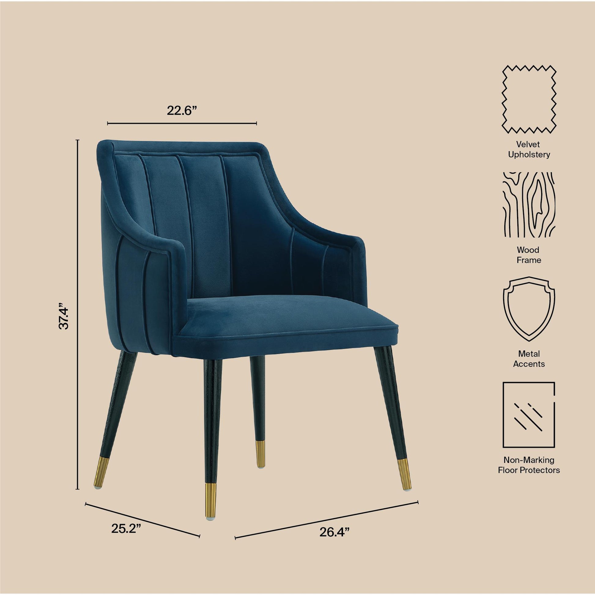 Dark Blue Velvet Dining Chair with Solid Wood Frame for Kitchen Storage