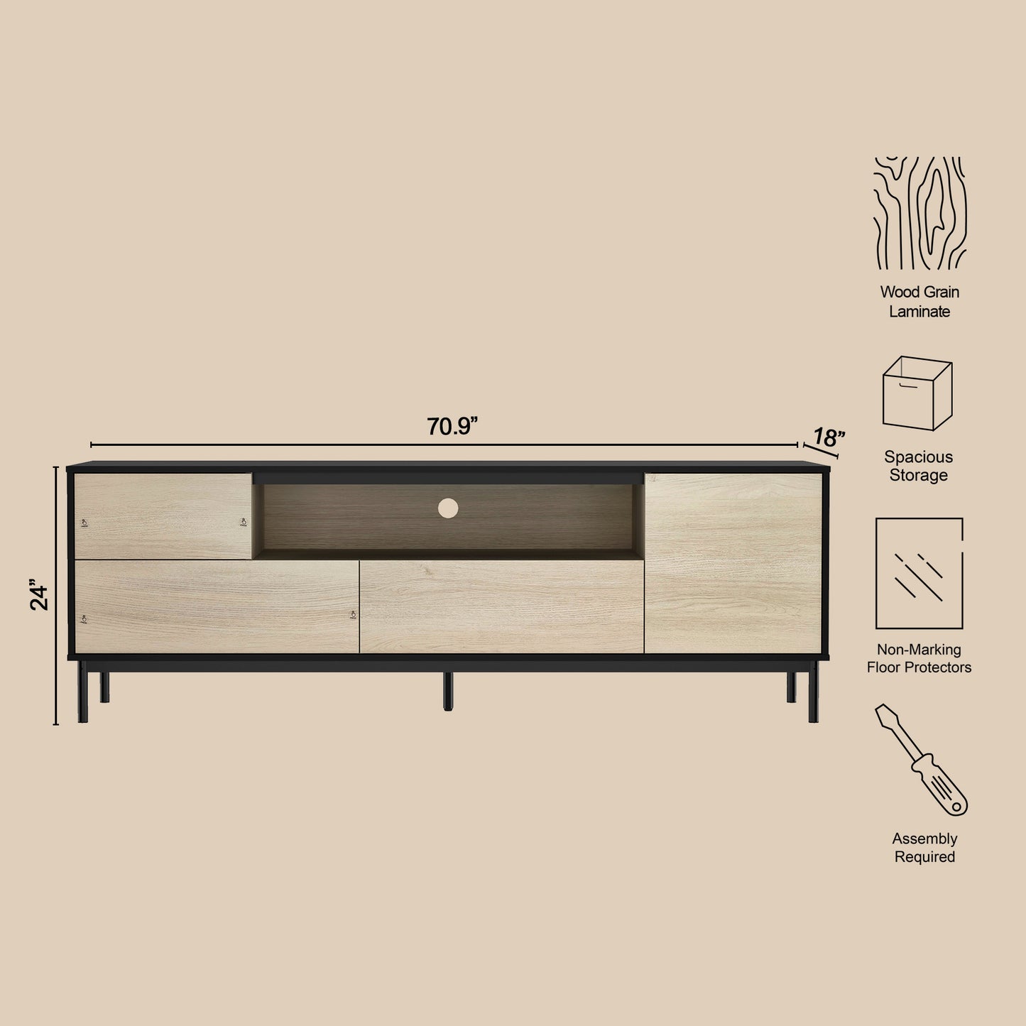 70.9" Black Natural TV Stand with Storage
