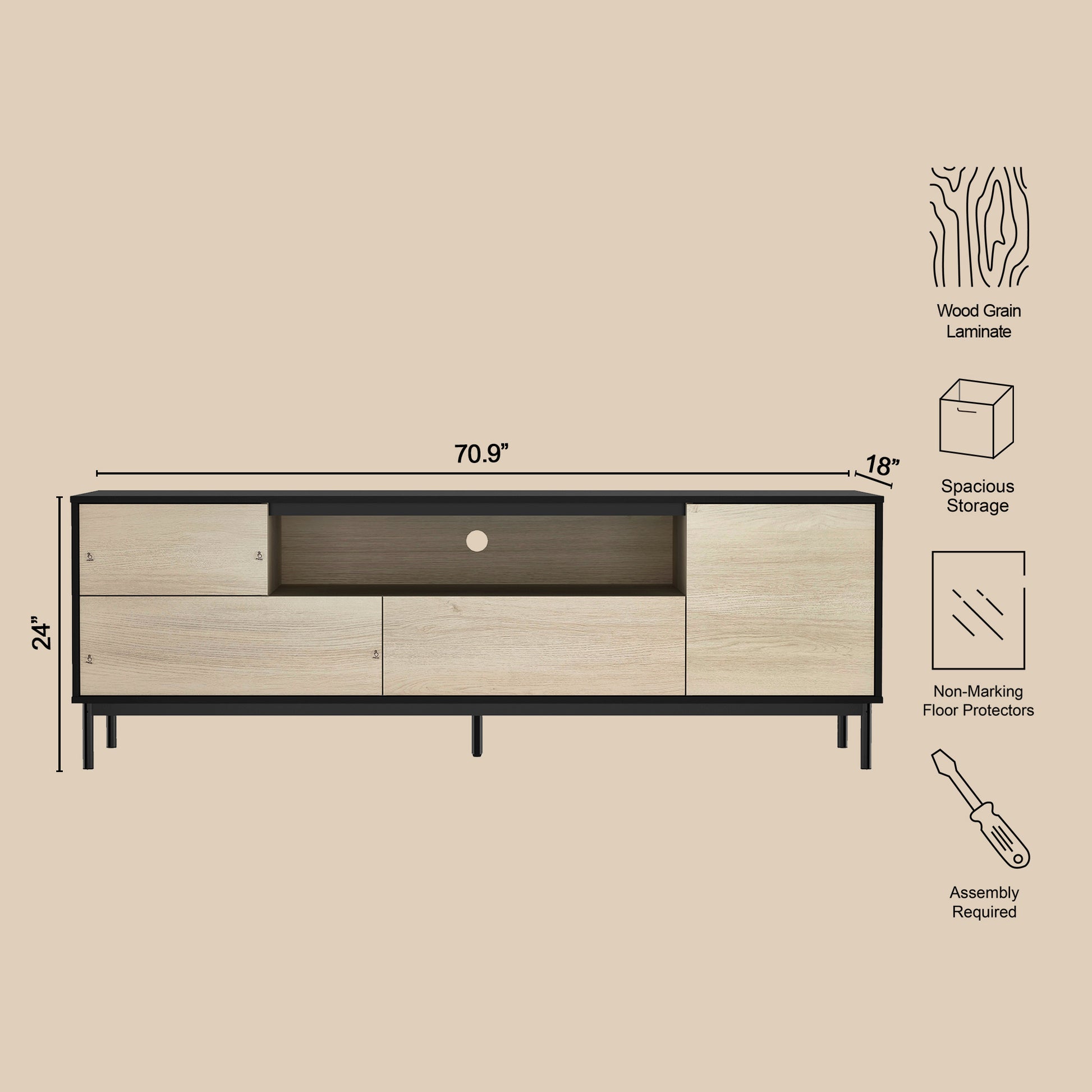 70.9" Black Natural TV Stand with Storage