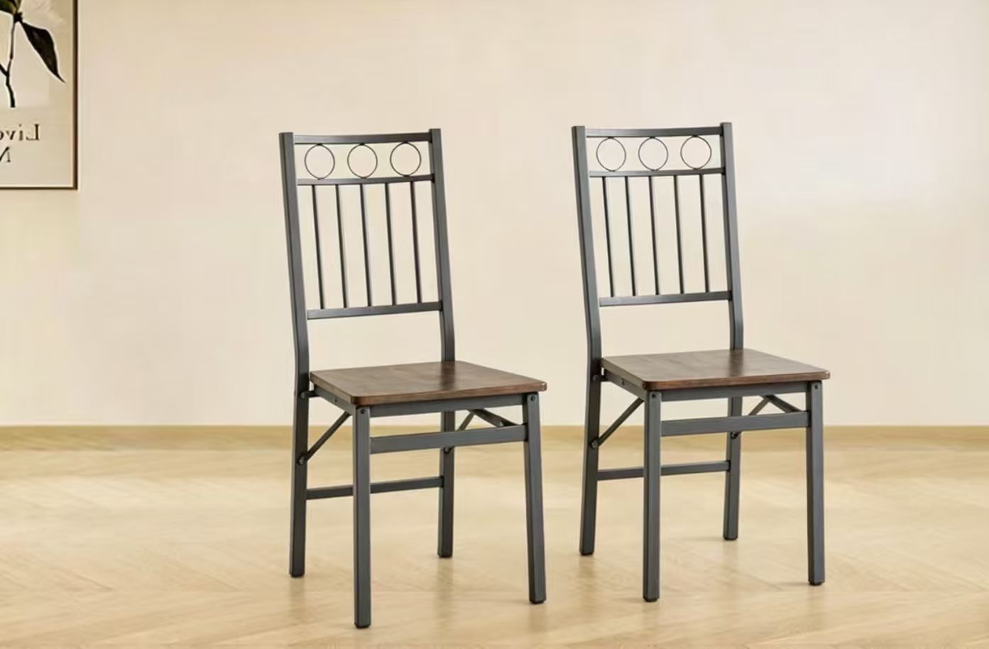 Set of 2 Dining Chairs, Metal & Wood Seat, Folding Retro Modern Style for Dining Room & Kitchen