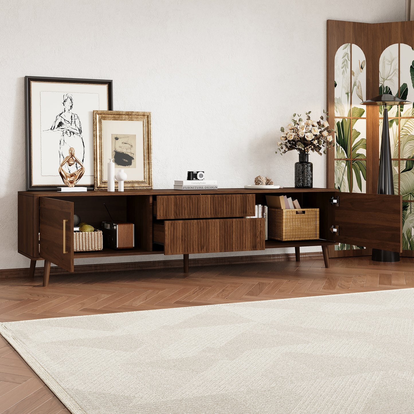 Walnut Mid Century TV Stand with Storage for Living Room