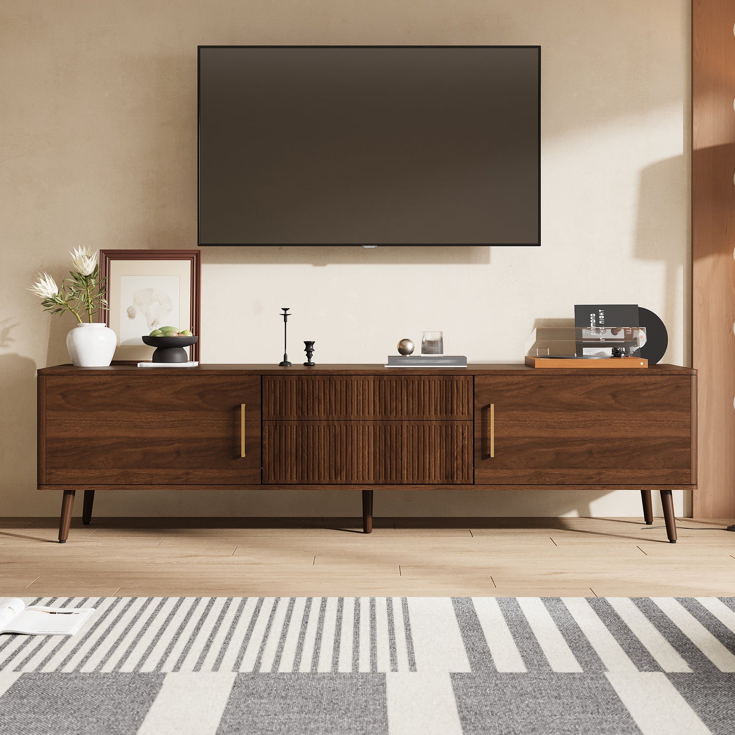 Walnut Mid Century TV Stand with Storage for Living Room
