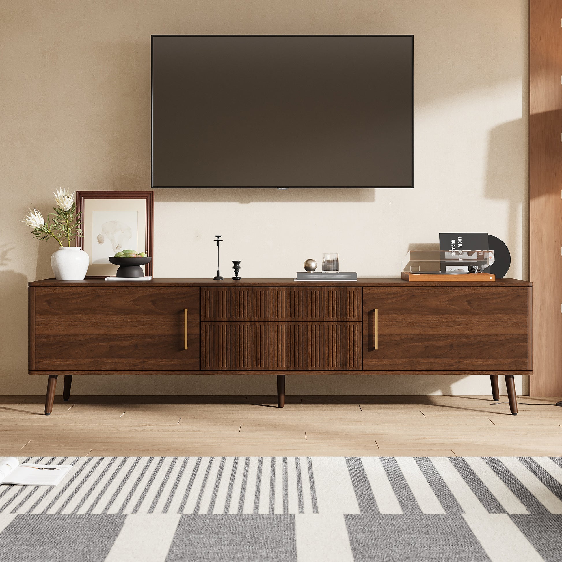 Walnut Mid Century TV Stand with Storage for Living Room