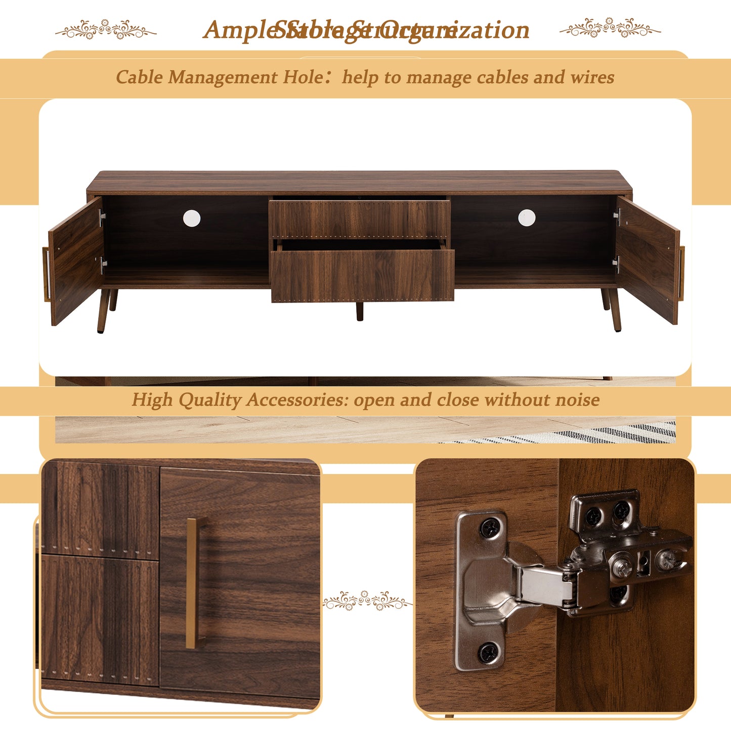 Walnut Mid Century TV Stand with Storage for Living Room