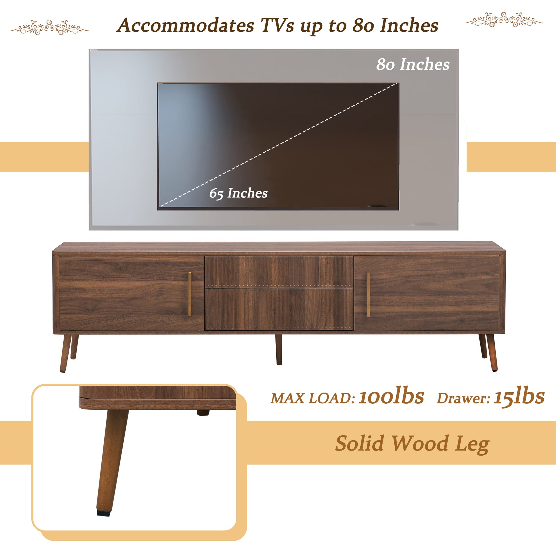Walnut Mid Century TV Stand with Storage for Living Room