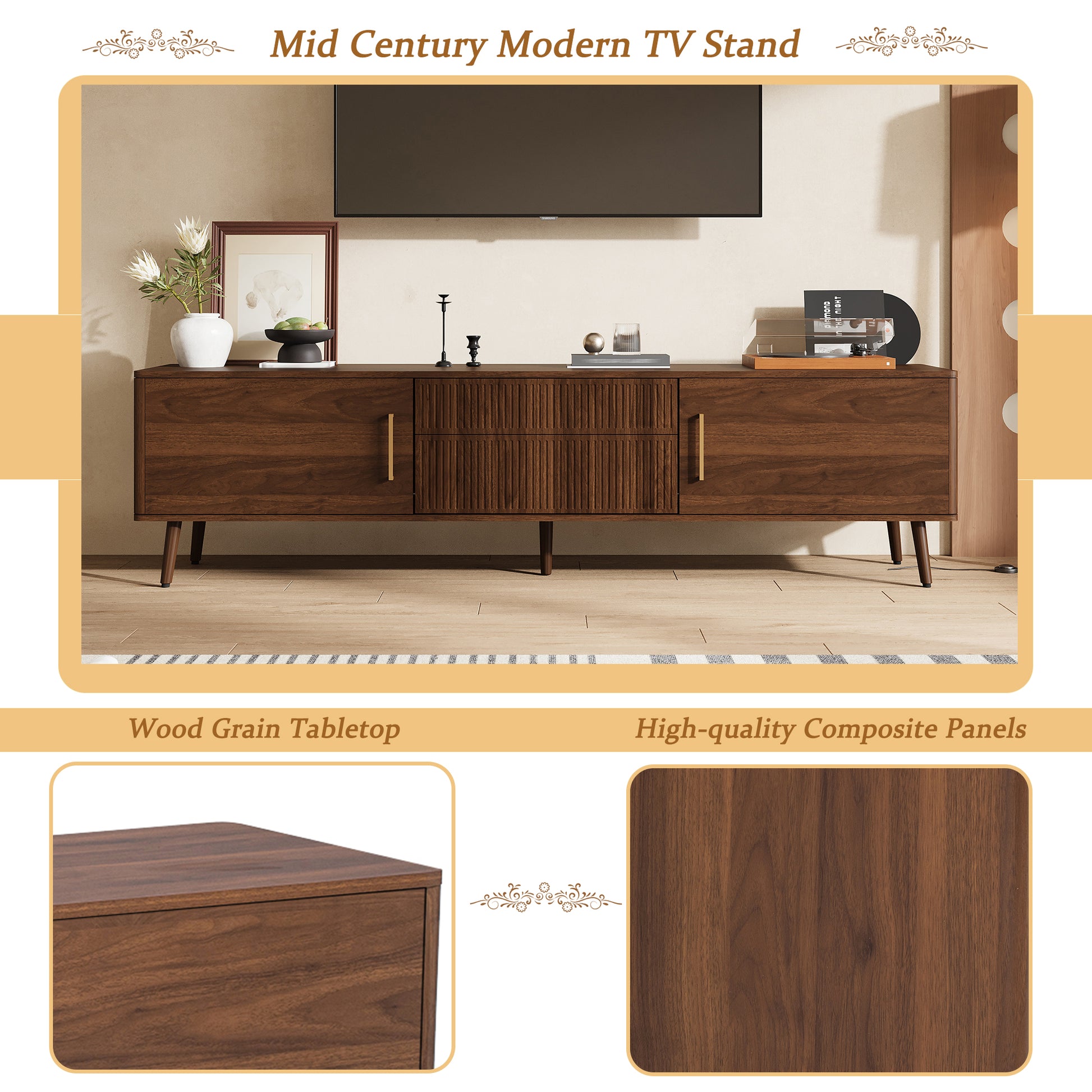 Walnut Mid Century TV Stand with Storage for Living Room
