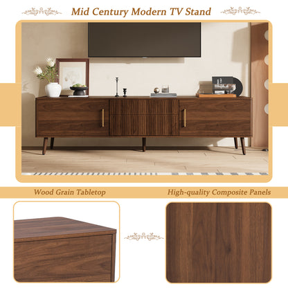 Walnut Mid Century TV Stand with Storage for Living Room