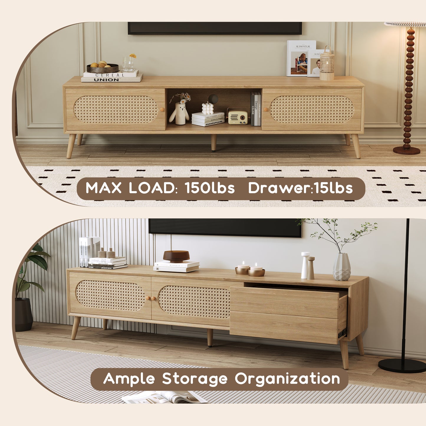 Natural Wood TV Stand - 70-79 Inch Boho Media Console