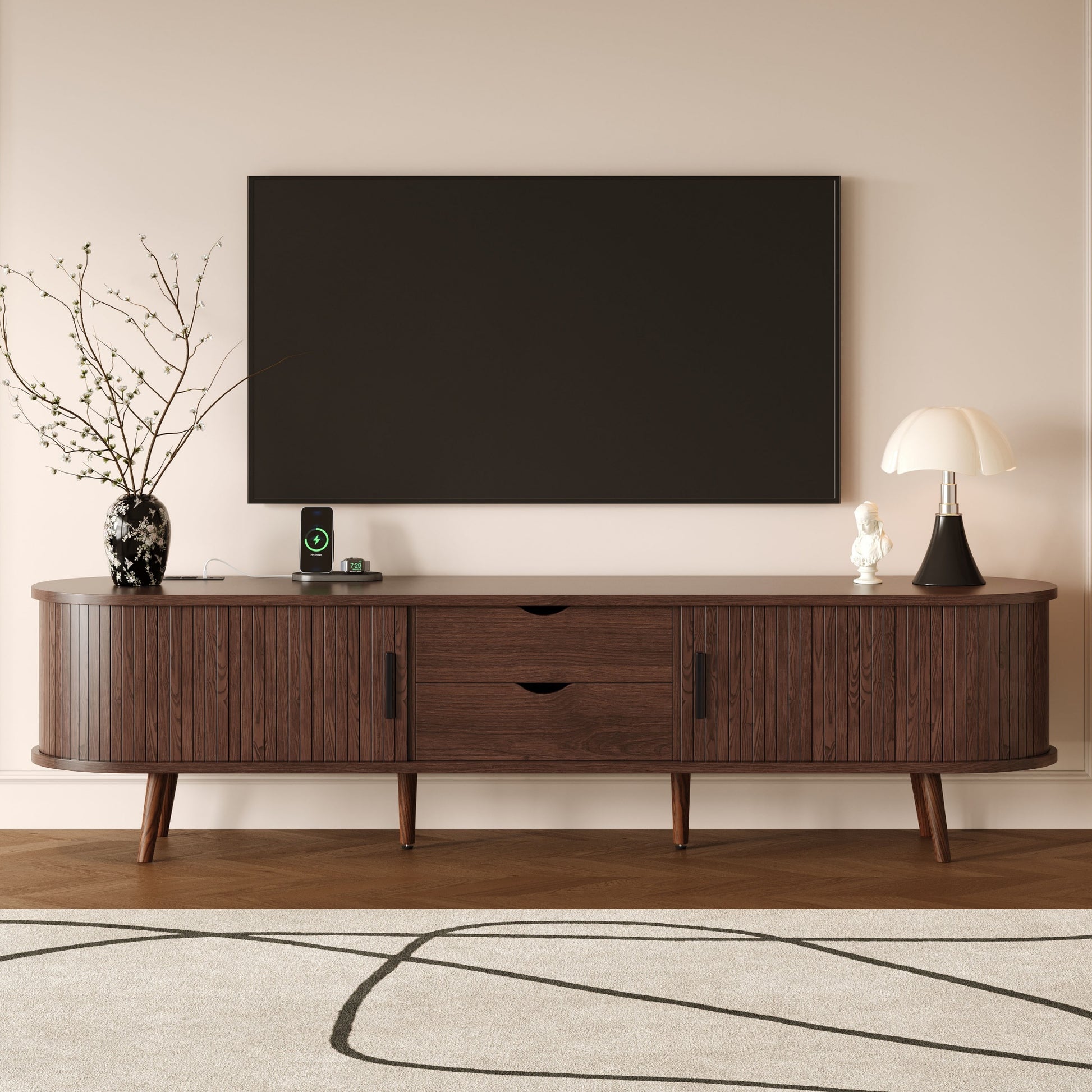 Dark Brown Mid Century TV Stand - 70-79 Inch TV Storage for Living Room
