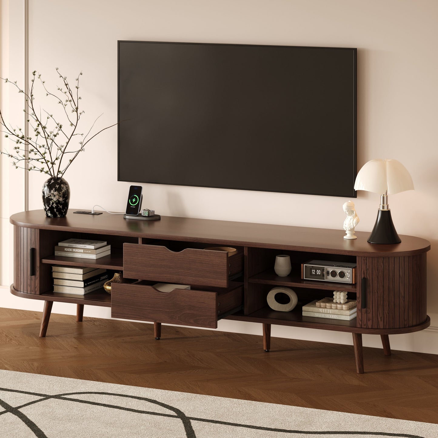 Dark Brown Mid Century TV Stand - 70-79 Inch TV Storage for Living Room