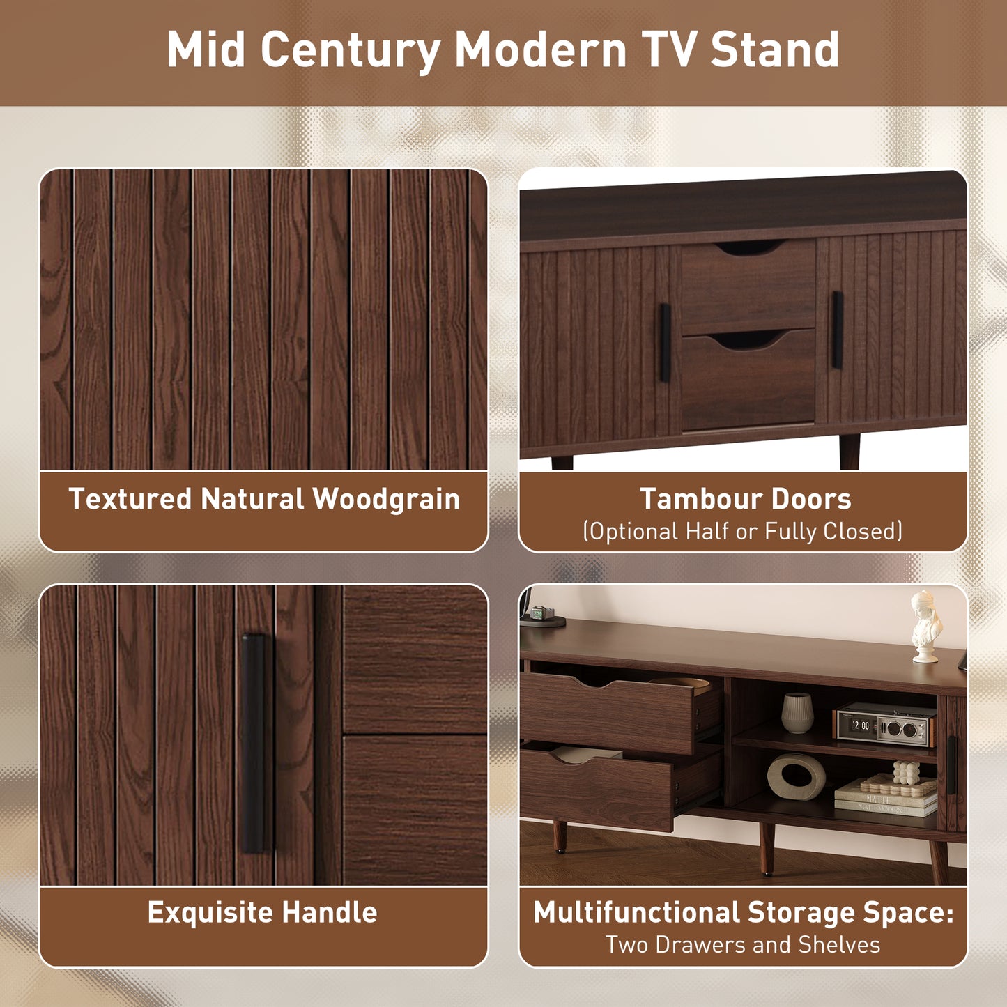 Dark Brown Mid Century TV Stand - 70-79 Inch TV Storage for Living Room