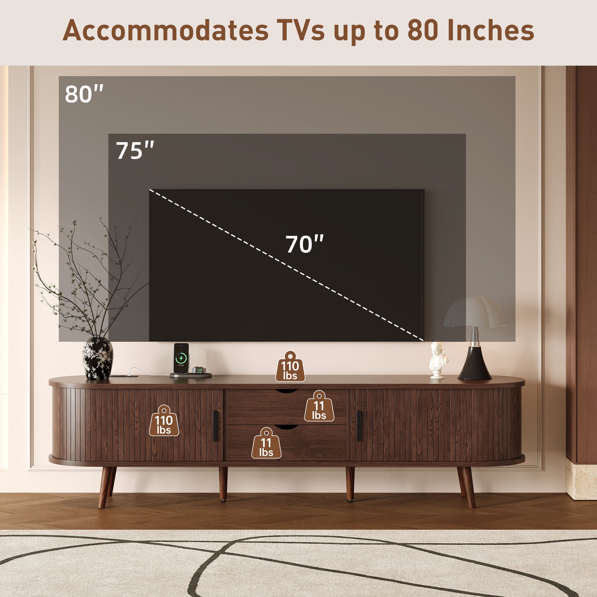 Dark Brown Mid Century TV Stand - 70-79 Inch TV Storage for Living Room