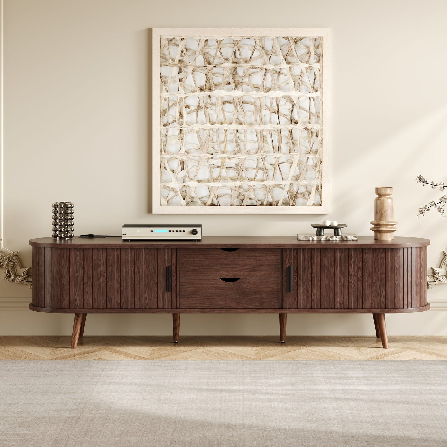 70 Inch Mid Century Modern TV Stand, TV Stand for 80 Inch TV, TV Stand with Tambour Doors, Drawers and Power Outlet, TV Consoles for Living Room, Bedroom